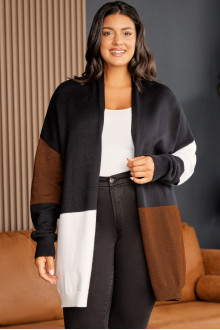 Long plus size cardigan in black, brown and white