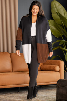 Long plus size cardigan in black, brown and white