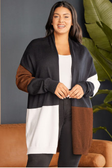 Long plus size cardigan in black, brown and white