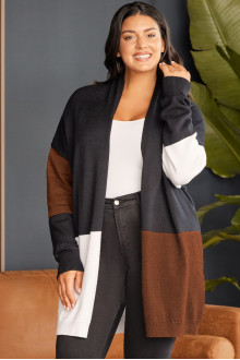 Long plus size cardigan in black, brown and white