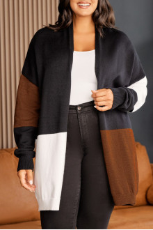 Long plus size cardigan in black, brown and white