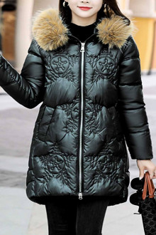 Snowflake quilted winter black plus size jacket with down hood