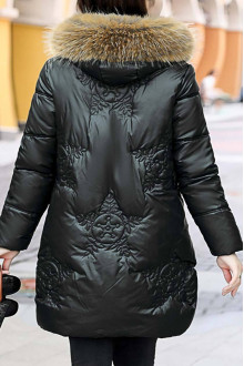 Snowflake quilted winter black plus size jacket with down hood