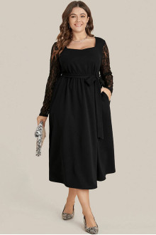 Black plus size dress with scalloped length and lace sleeves