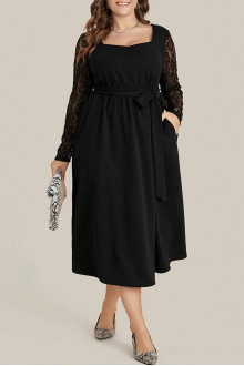 Black plus size dress with scalloped length and lace sleeves