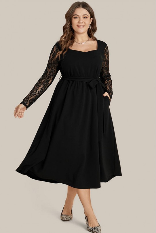 Черна макси рокля с миди дължина и дантелени ръкави