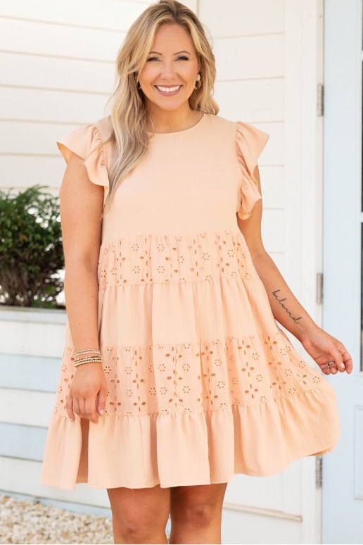Summer plus size dress with frills and openwork embroidery in peach color