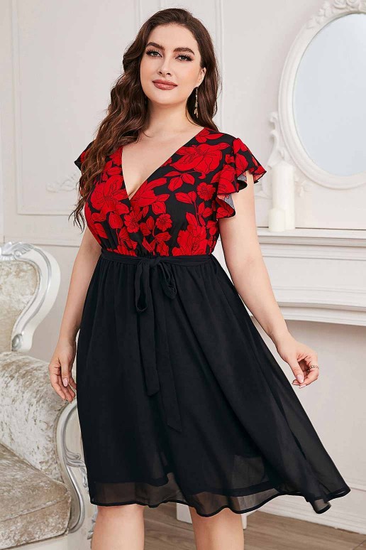 Women's plus size dress in black with red flowers