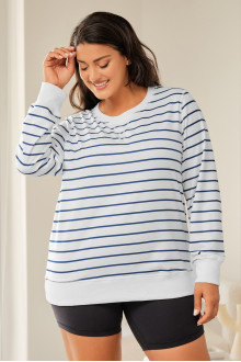 White plus size blouse with long sleeves and blue stripe