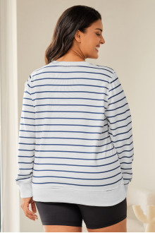 White plus size blouse with long sleeves and blue stripe