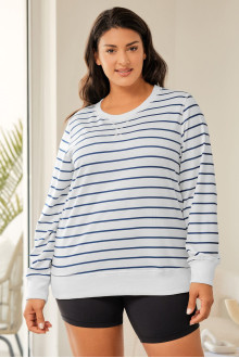 White plus size blouse with long sleeves and blue stripe