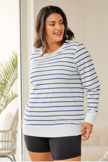 White plus size blouse with long sleeves and blue stripe