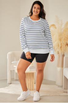 White plus size blouse with long sleeves and blue stripe