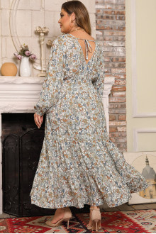 Long plus size dress with floral print in earthy light colors