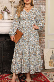 Long plus size dress with floral print in earthy light colors