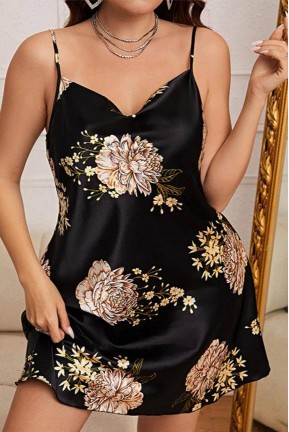 Black satin plus size nightgown with floral print
