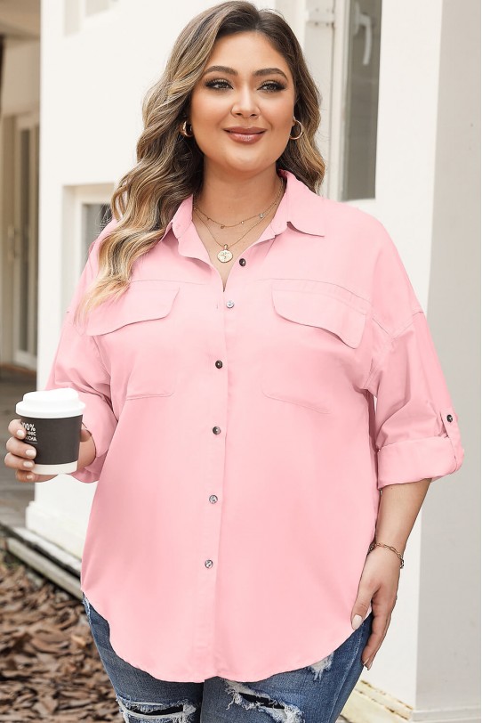 Loose pink plus size shirt with roll up sleeves