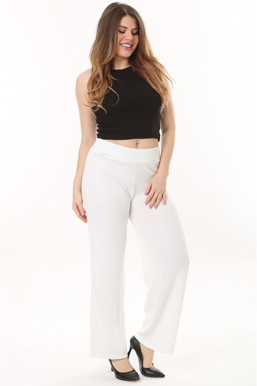 Textured cotton plus size pants with elastic waist in white
