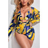 Set of plus size swimsuit with beachwear in blue and yellow print