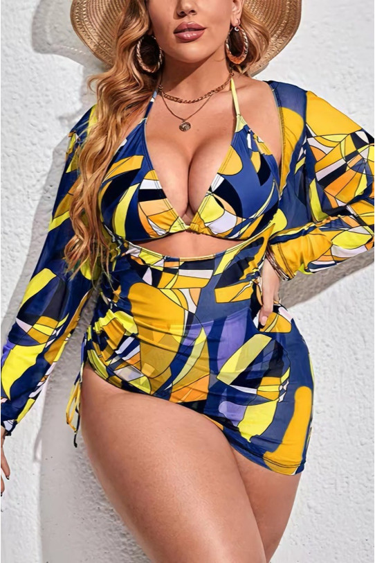 Set of plus size swimsuit with beachwear in blue and yellow print