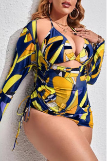 Set of plus size swimsuit with beachwear in blue and yellow print