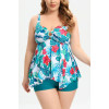 Turquoise floral print plus size tankini and shorts