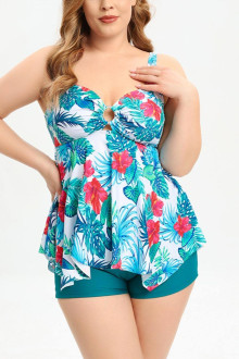 Turquoise floral print plus size tankini and shorts