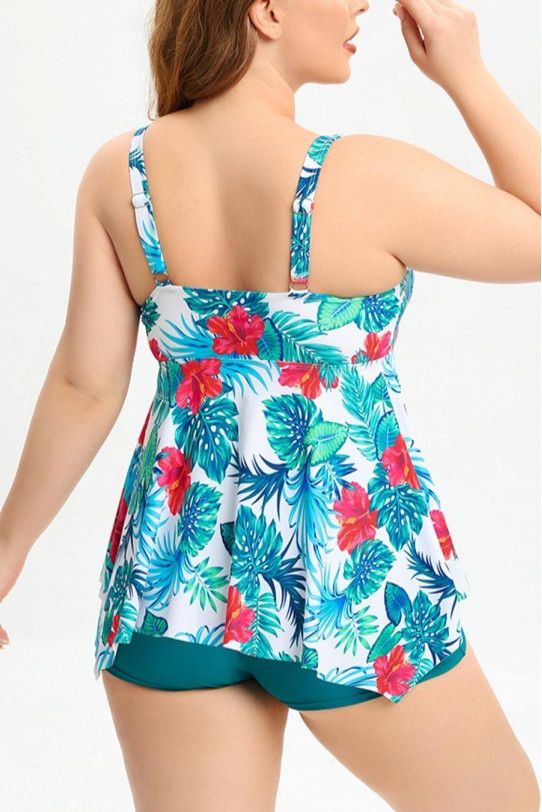 Turquoise floral print plus size tankini and shorts