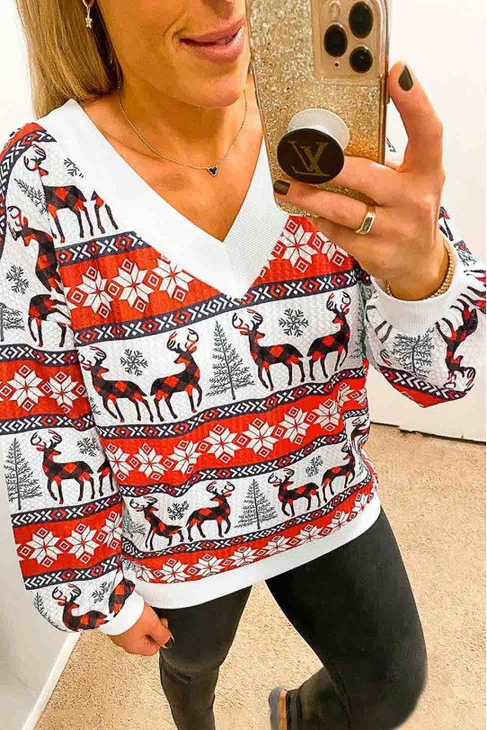 Макси пуловер с V-образно деколте и принт на еленчета