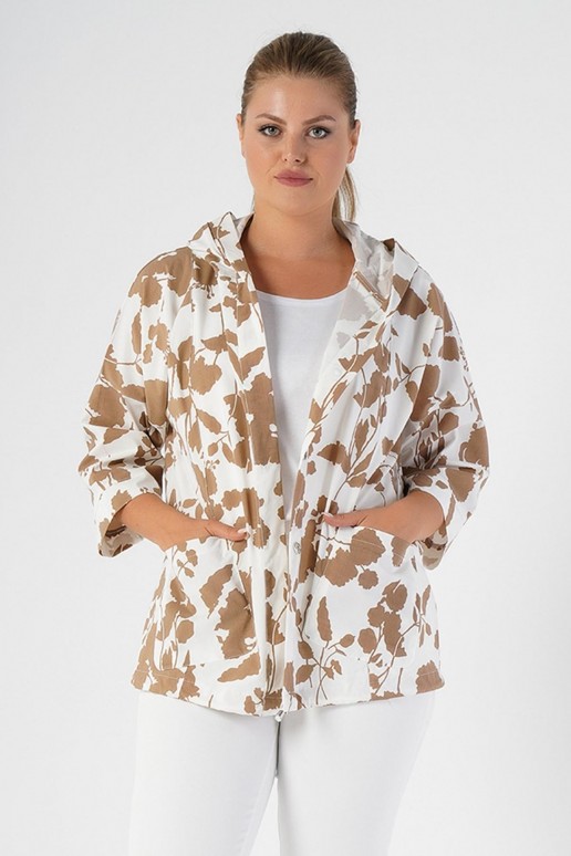 Luxurious white plus size jacket with floral print in beige