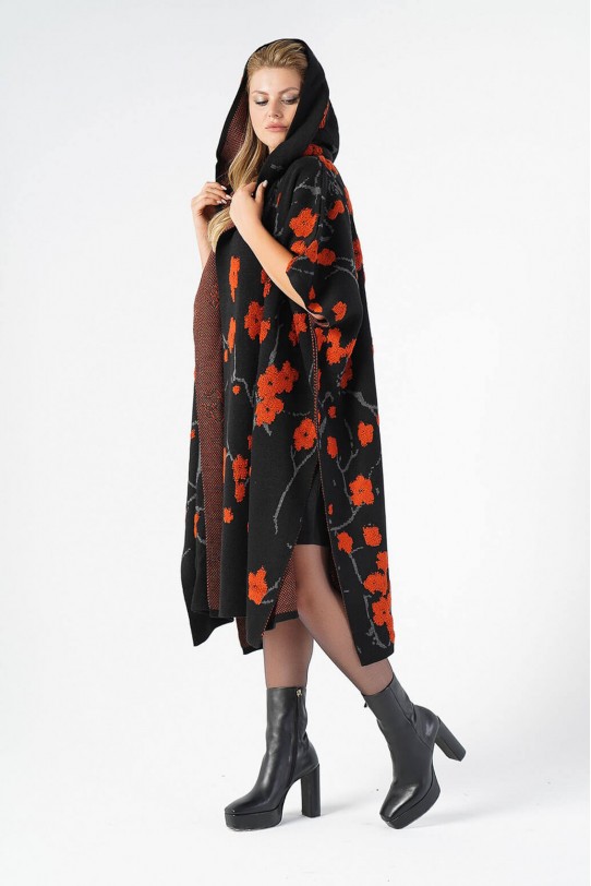 Луксозно макси палто със скъсен ръкав в черно и оранжево