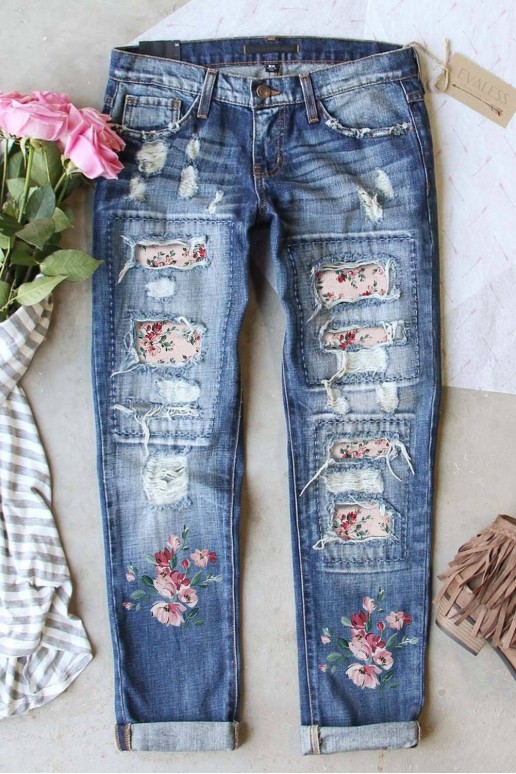 Jeans with inner patches in pink and floral print