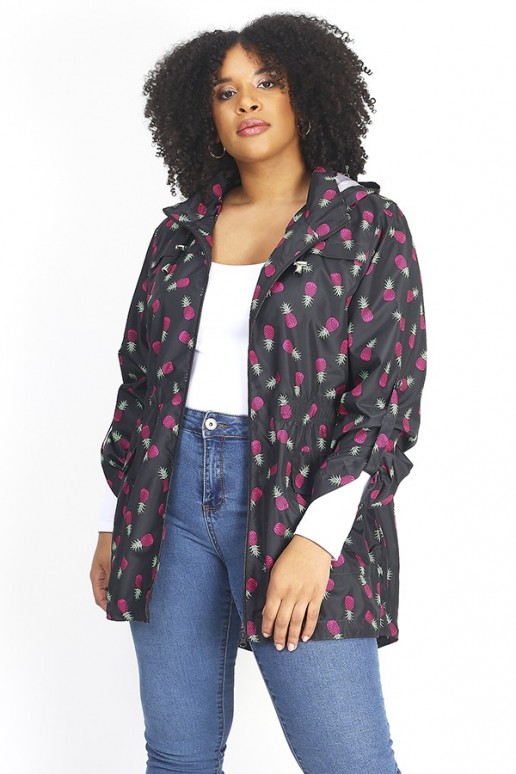 Transitional plus size jacket in black with pineapple print