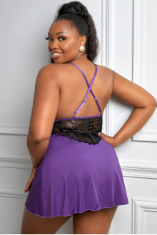 Cut out sexy plus size nightdress in lilac and black lace