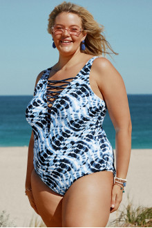 One piece plus size swimsuit with ties at the neckline and fresh blue print