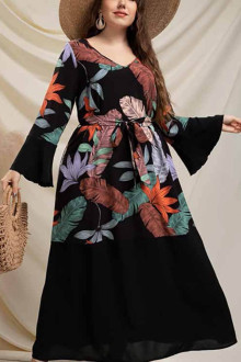 Long black plus size dress with colorful feather print