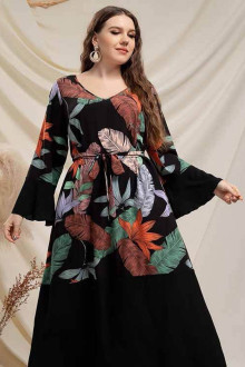 Long black plus size dress with colorful feather print