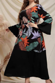 Long black plus size dress with colorful feather print