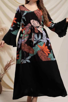 Long black plus size dress with colorful feather print