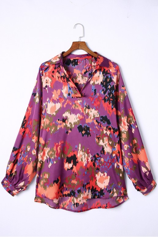 Satin purple plus size blouse with abstract print