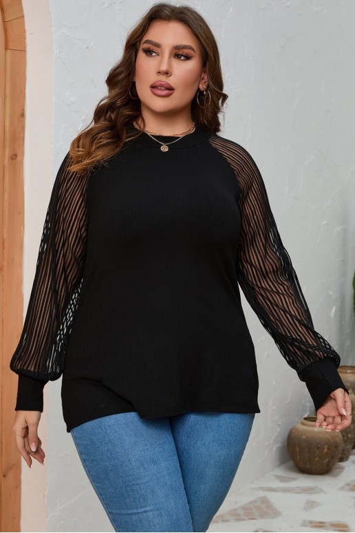 Black plus size blouse with airy sleeves with vertical relief