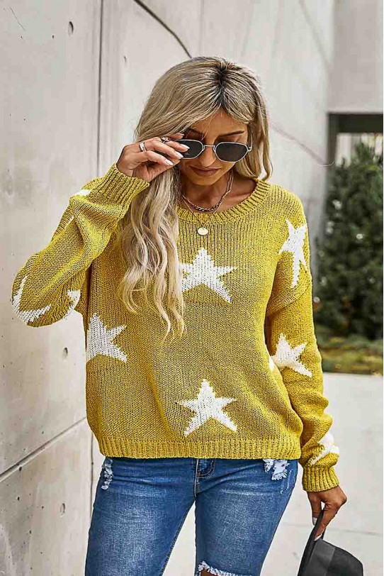 Макси пуловер в цвят горчица и принт звезди