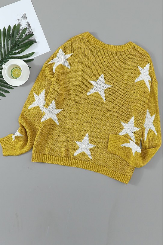 Макси пуловер в цвят горчица и принт звезди