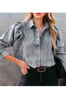 Vintage denim plus size shirt-jacket with puff sleeves in gray