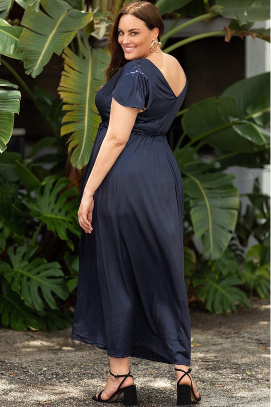 Long navy blue plus size dress with V-neckline and back