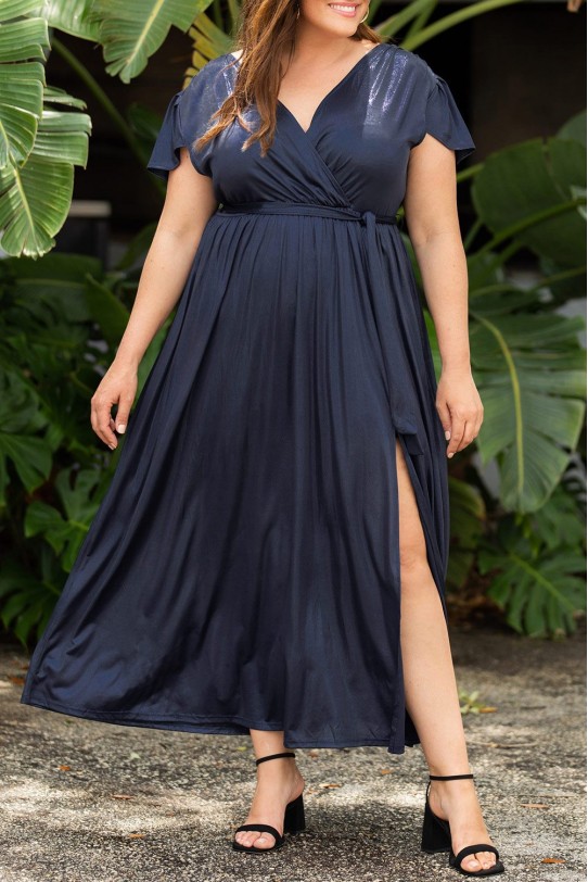 Long navy blue plus size dress with V-neckline and back