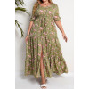 Long plus size dress with frills and a slit of tiny pink flowers