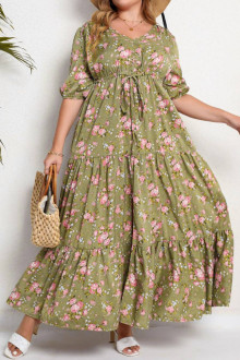 Long plus size dress with frills and a slit of tiny pink flowers