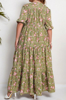 Long plus size dress with frills and a slit of tiny pink flowers