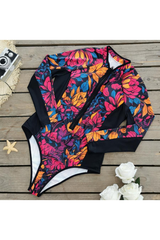 Long Sleeve Floral Print One Piece Swimsuit